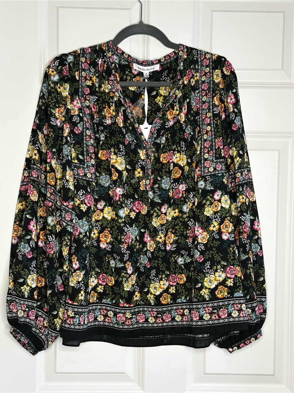 Rose & Olive Black Floral Boho Tunic Peasant Blouse - Picture 2 of 10